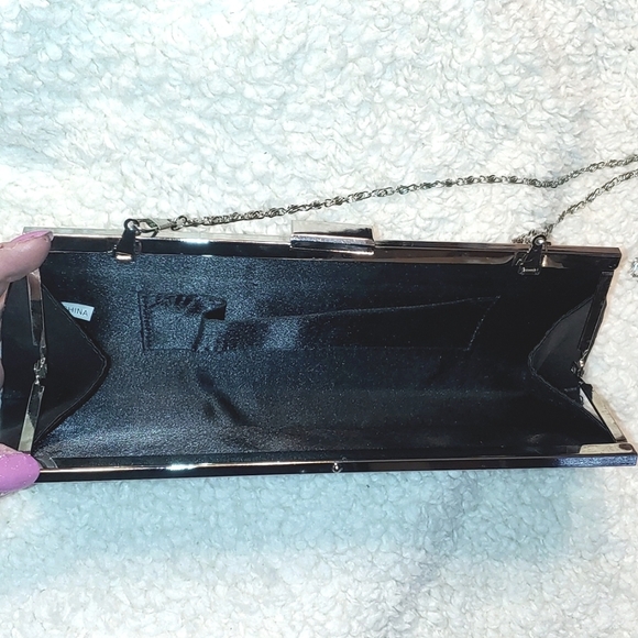 Rhinestone and Black Satin Evening Clutch with Braided Silver Chain - Picture 5 of 6